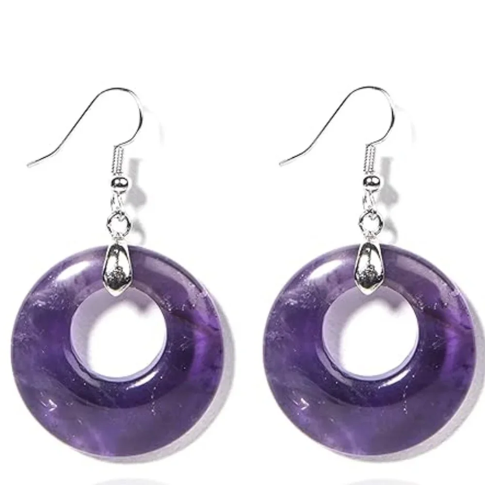 Amethyst Natural Stone Gemstone Healing Round Donut Dangle Earrings - Picture 1 of 2